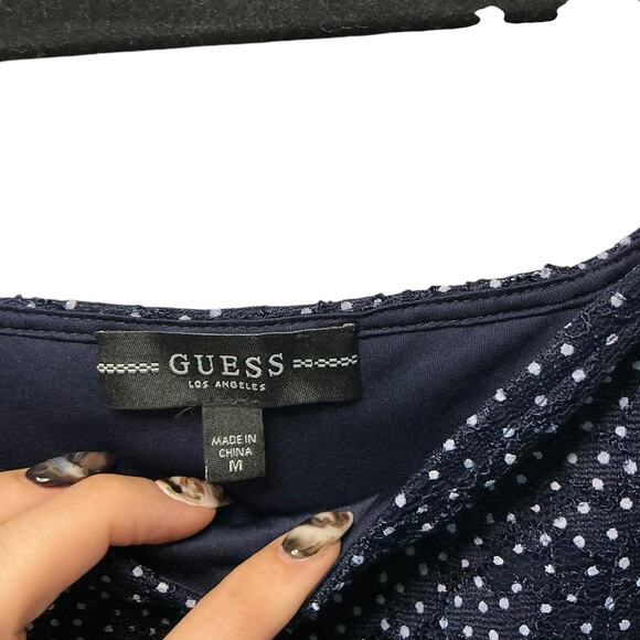 GUESS Navy Polka Dot Long Sleeve Mesh Overlay Top — Size M - Picture 4 of 4